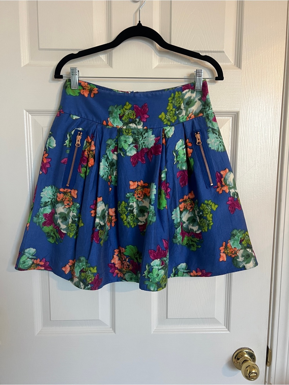 Maeve Floral A-Line Skirt Blue Pleated Anthropologie Rose Gold Zip 6